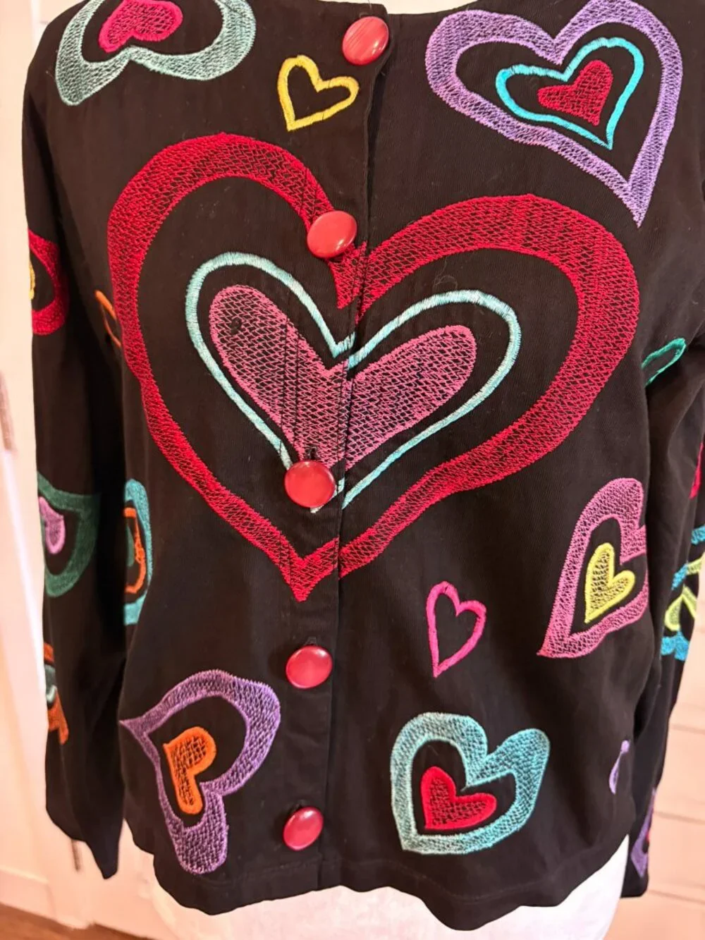 Vintage Michael Simon Heart Embroidered Black Cotton Cardigan Small 90s y2k